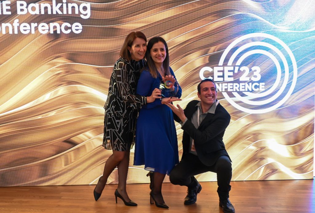 Sanja Loncar, Jevrosima Zogovic, and Jovan Radnic accepting the award for the best CRM solution in the CEE region at CEE23