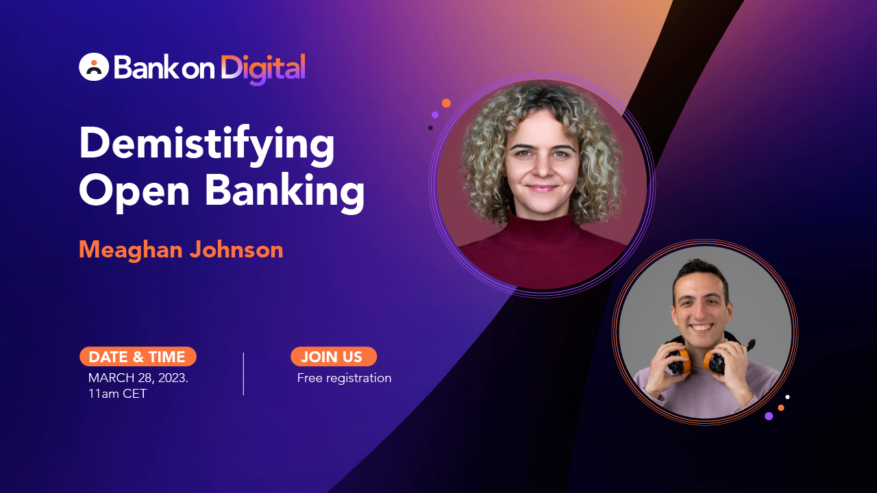Bank on Digital webinar and podcast series, promo cover for the second episode with Meaghan Johnson, fintech expert